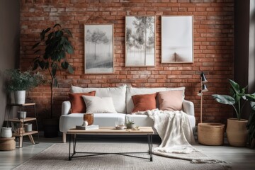 Fototapeta na wymiar modern living room with brick walls and a white couch. Generative AI