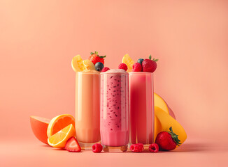 Obraz premium Delicious summer tropical refreshment, delicious fruit smoothie made from exotic fruits, healthy snack and energy for the whole day. Illustration, Generative AI.