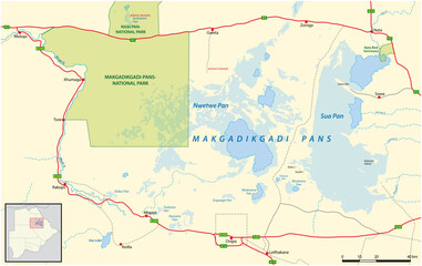 Vector map of the Makgadikgadi Salt Pans in northeastern Botswana