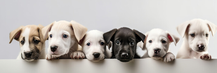 Different puppies peeks out from behind a white wall, Generative AI