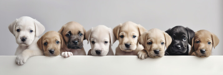 Different puppies peeks out from behind a white wall, Generative AI