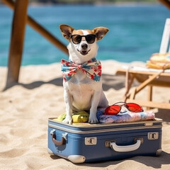Perro con gafas de sol en la playa de vacaciones