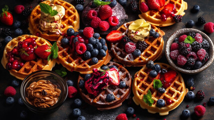 Belgian waffles with various toppings, berries, and sauce on dark background. AI generative