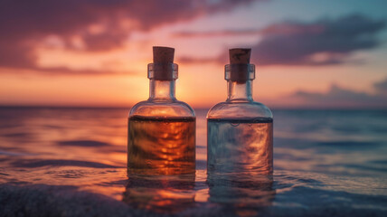 Obraz na płótnie Canvas Collagen, peptides serum in glass bottles on ocean water, sunset background. Essential for beautiful, healthy skin. Generative AI.