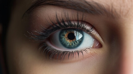 Fototapeta premium Close-up detail beautiful female eye macro, fashion natural makeup, generative ai