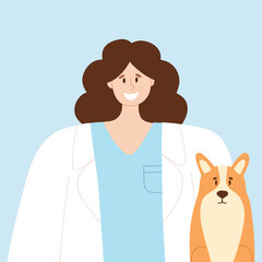 Happy veterinarian with a happy dog. Animal care vector illustration. Flat style. girl vet doctor. World Veterinary Day.