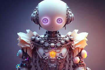 A Cinematic Shot of a Cute Robot in a Silk Blouse with Pearl Jewelry against a Neon-Backlit White Background: Stunning details in 8K by Marcin Nagraba & Rebecca Millen, Generative AI