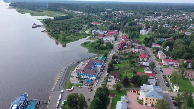 Aerial view of the city of Myshkin and the Volga river. Russia 