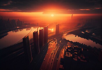 Fototapeta na wymiar sunrise over the city. Generative AI Technology