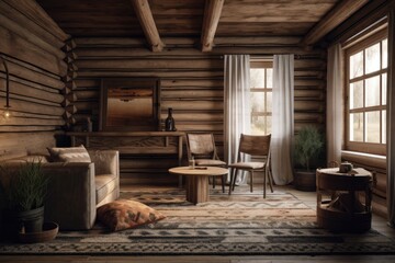 cozy living room with wooden furniture and walls. Generative AI