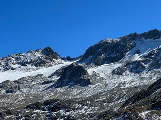 Early autumn remains of the alpine glacier Vardet da Grialetsch in the Albula Alps mountain massif, Zernez - Canton of Grisons, Switzerland (Kanton Graubünden, Schweiz)