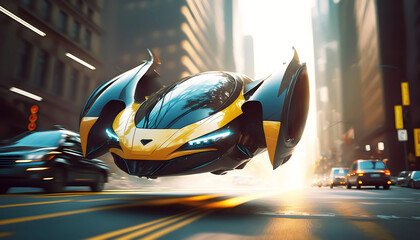 A futuristic car is flying through the city, generative AI