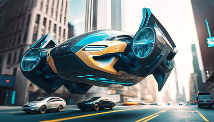 A futuristic car is flying through the city, generative AI