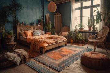 cozy bedroom with a comfortable bed, a stylish chair, and a plush rug. Generative AI
