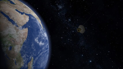 Fototapeta na wymiar Space probe flying near Earth. Space exploration.