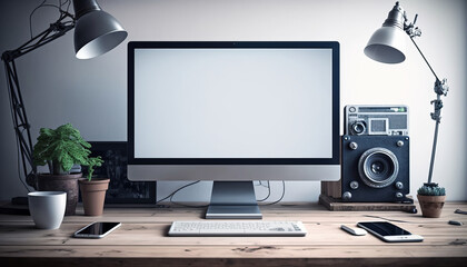 Modern office interior with computer on wooden table. Generative AI