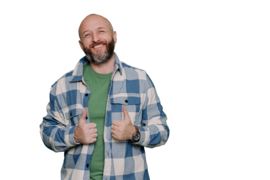 Satisfied mid adult Caucasian bald beardy man in plaid shirt toothy smiles gestures thumb up by both hands looks at camera over studio transparent background. Mockup, sale. Happy successful people. - Powered by Adobe