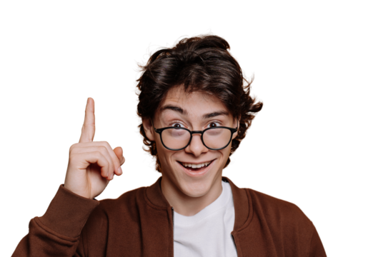 Eureka! Smart Spanish boy in white t-shirt and brown jacket pointing up by index finger at empty space on transparent background. Intelligent caucasian teenager in glasses looks at camera. Mockup.
