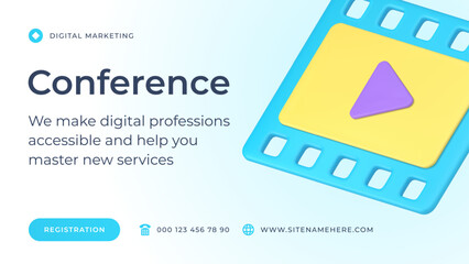 Video conference distance webinar internet multimedia content social media banner 3d icon vector