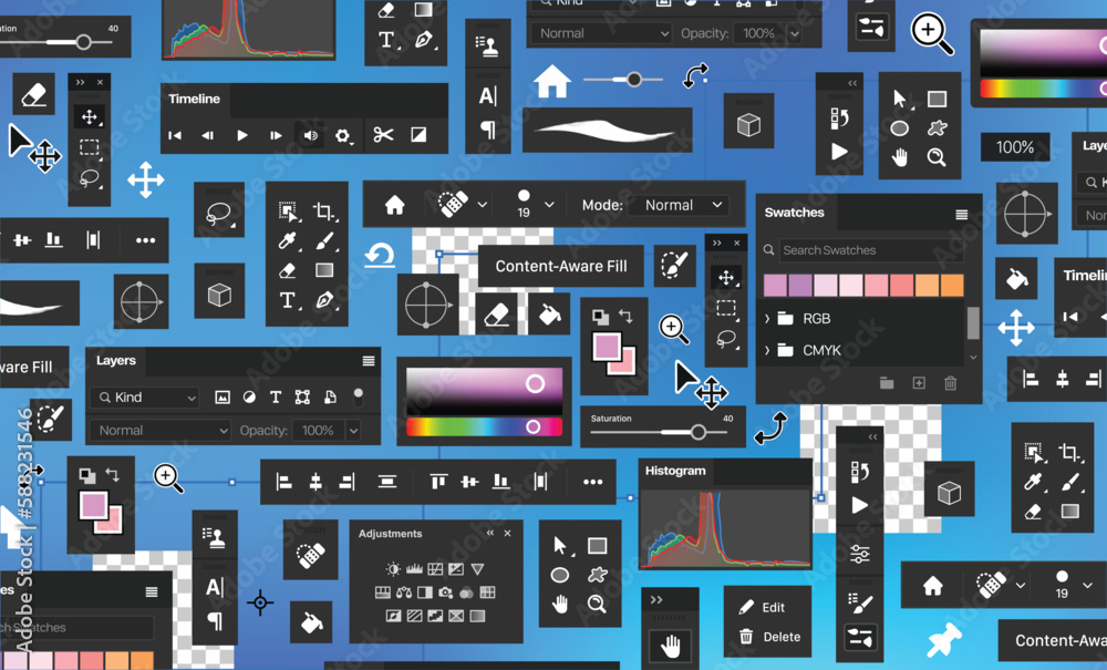 Poster background of photo processing tools . tool blocks. raster graphic editor. designer bg