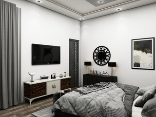 interior of a bedroom, room with bed, Celling lights , Console Design , wall frame , door design, LED.