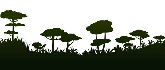 Beautiful trees silhouette. Tropical forest. Dense jungle with big trees. Thickets of plants. Cartoon fun style. Flat design. Vector