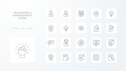 Teamwork and Management icons collection with black outline style. team, partnership, manager, organization, discussion, communication, corporate. Vector illustration