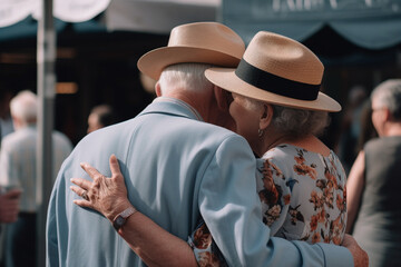 Senior Couple Embracing Outdoors Showing Love and Happiness. This image of loving elderly people hugging outside was made using Generative AI. - 588232363