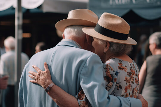Senior Couple Embracing Outdoors Showing Love and Happiness. This image of loving elderly people hugging outside was made using Generative AI.