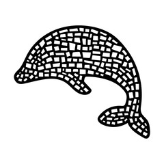 Dolphin in abstract mosaic geometric style . Creative illustration for print, posters, home, fashion design . Black and white Vector Illustration