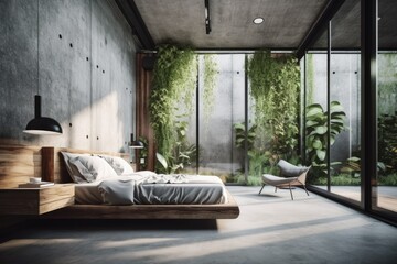 bedroom with a lush plant wall and cozy bed. Generative AI