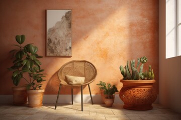 cozy interior with potted plants and a wicker chair. Generative AI