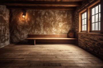 Illustration of an Empty Room with Natural Light and a Bench. Generative AI