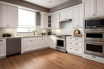 Modern kitchen with white cabinets and stainless steel appliances