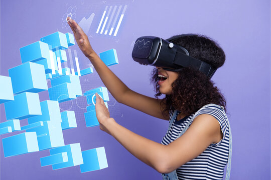 Collage photo new virtual reality analytics software investment tool girl wear vr goggles business statistics isolated on purple background