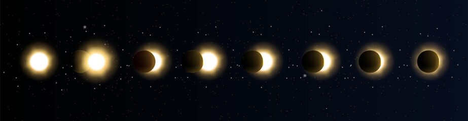 Solar eclipse in different phases. Cosmos with moon and sun in total and partial solar eclipse and stars isolated on transparent background, vector realistic illustration - obrazy, fototapety, plakaty