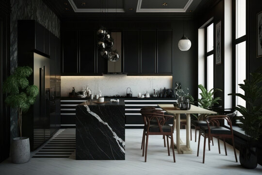 Details of modern kitchen with LED lightning, black cabinets and black marble details. Appliances and leather chairs at dining table
