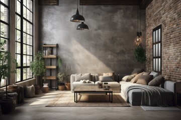 cozy living room with exposed brick walls and a big window. Generative AI