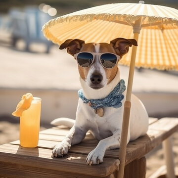 Perro de vacaciones con una bebida refrescante