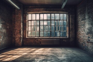 Illustration of an empty room with a view of a window and a radiator. Generative AI