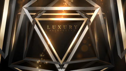 Gold triangle frame on dark scene with golden light effects decoration and bokeh. Luxury style modern black background.