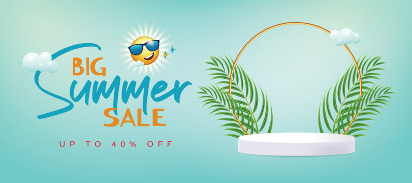 Big summer sale banner template  product podium with summer elements