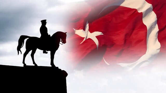 19 mayis Genclik ve Spor Bayrami or 19 May Commemoration of Ataturk, Youth and Sports Day concept 4K video. Ataturk and Turkish Flag.