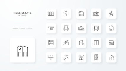 Real Estate icons collection with black outline style. building, home, house, sale, rent, apartment, agent. Vector illustration