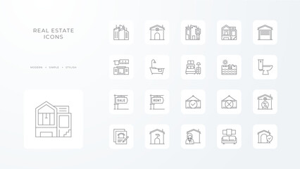Real Estate icons collection with black outline style. building, home, house, sale, rent, apartment, agent. Vector illustration