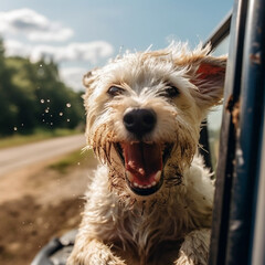 Perro feliz viajando en coche con la cabeza fuera de la ventana