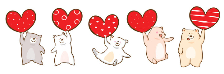 Set of Cartoon Bear Holding Heart Characters on Isolated Background. Vector Illustration.