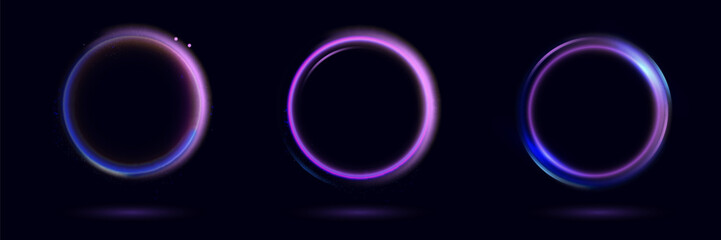Neon swirl. Curve blue line light effect. Abstract ring background with glowing swirling background. Energy flow tunnel. Blue portal, platform. Magic circle vector.