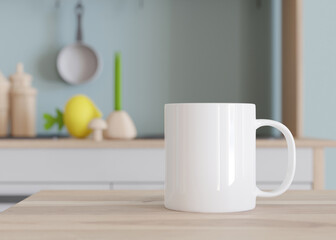 Obraz na płótnie Canvas White kids mug mock up. Blank template for your design, advertising, logo. Close-up view. Copy space. Cup standing in children room. Playful cup mockup. 3D rendering.