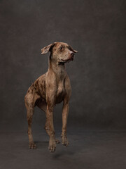 Fototapeta na wymiar portrait of a beautiful dog on a brown canvas. Mix of breeds. Pet in the studio, artistic photo on the background